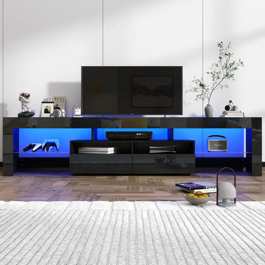 86IN LED TV Stand for 90 100 inch TV, High Glossy Modern Entertainment Center with Drawer and Led Lights, Television Table Medi