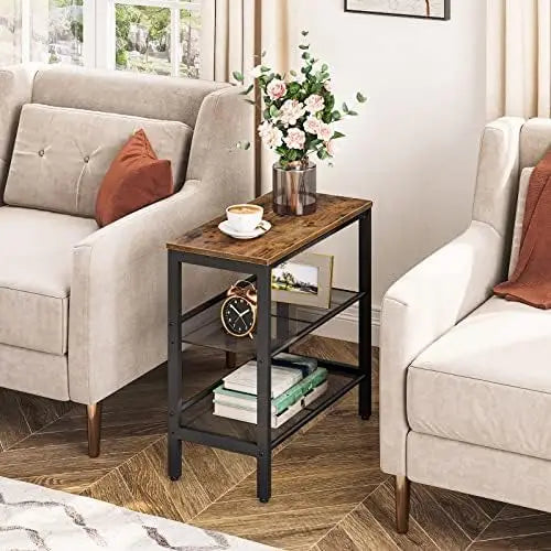 3-Tier Narrow Side Table with Adjustable Shelves for Small Spaces, Rustic Brown and Black