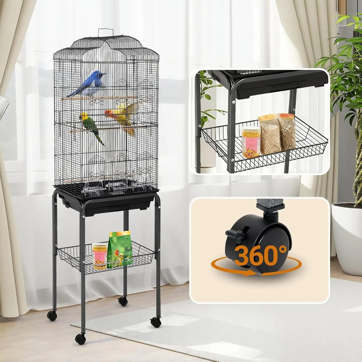 Tacleekii 60" Large Bird Cage with Play Top and Rolling Stand Multi-Level Metal Flight Cage Storage Shelf Removable Tray Feeding Bowls & Perches, Easy-Clean Aviary for Parakeets, Cockatiels