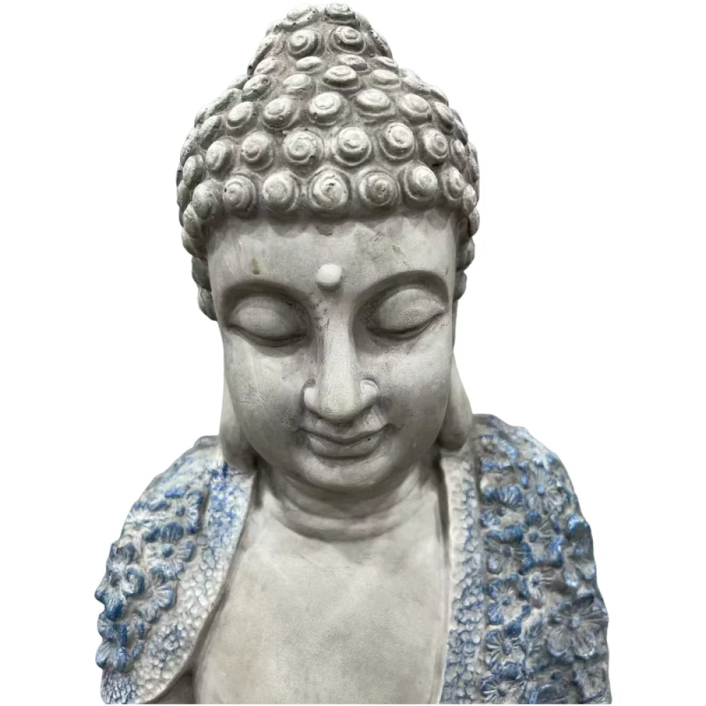 16 Inch Weatherproof Resin Meditating Buddha Statue with Blue Floral Details, Calm Zen Style Figurine, Decorative Ornament for Patio Lawn Yard Outdoor Landscape & Indoor Space
