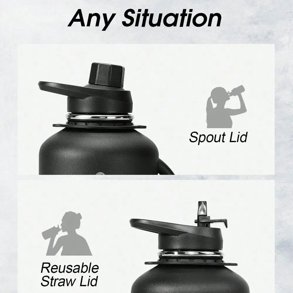 64oz Insulated Water Bottle With Handle & Strap, Stainless Steel Half Gallon Water Drinkware With 2 Lids & Straws, Lea