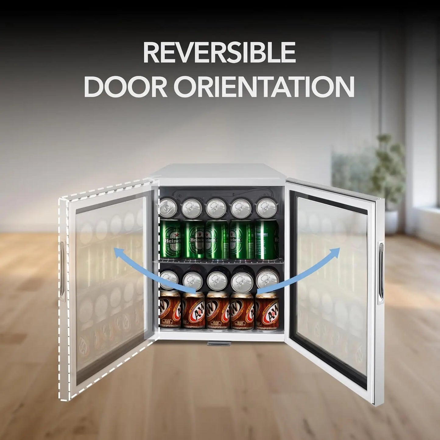 Double-Layer Glass Door Beverage Refrigerator, 68-Can 1.6 Cu Ft Freestanding Drink Mini Fridge, Stainless Steel