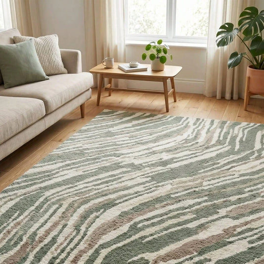 Modern Sage Green Carpet, Abstract Wave Pattern Carpet, Neutral Minimalist Living Room Carpet, Soft and Tufted Style.