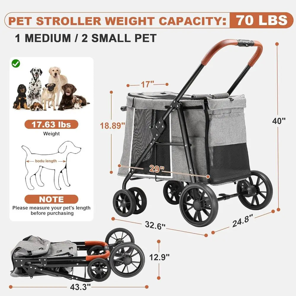 Medium Dog Stroller, Dual Entry One-Touch olding,Small and Medium Pet Stroller,360° Rotating ront Wheels,70 lbs Weight acity or