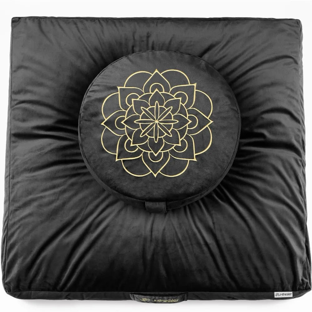 Hihealer Meditation Cushion Set Large Velvet Floor Pillow & Traditional Tibetan Yoga Bolster for Adults Zafu Meditation Mat