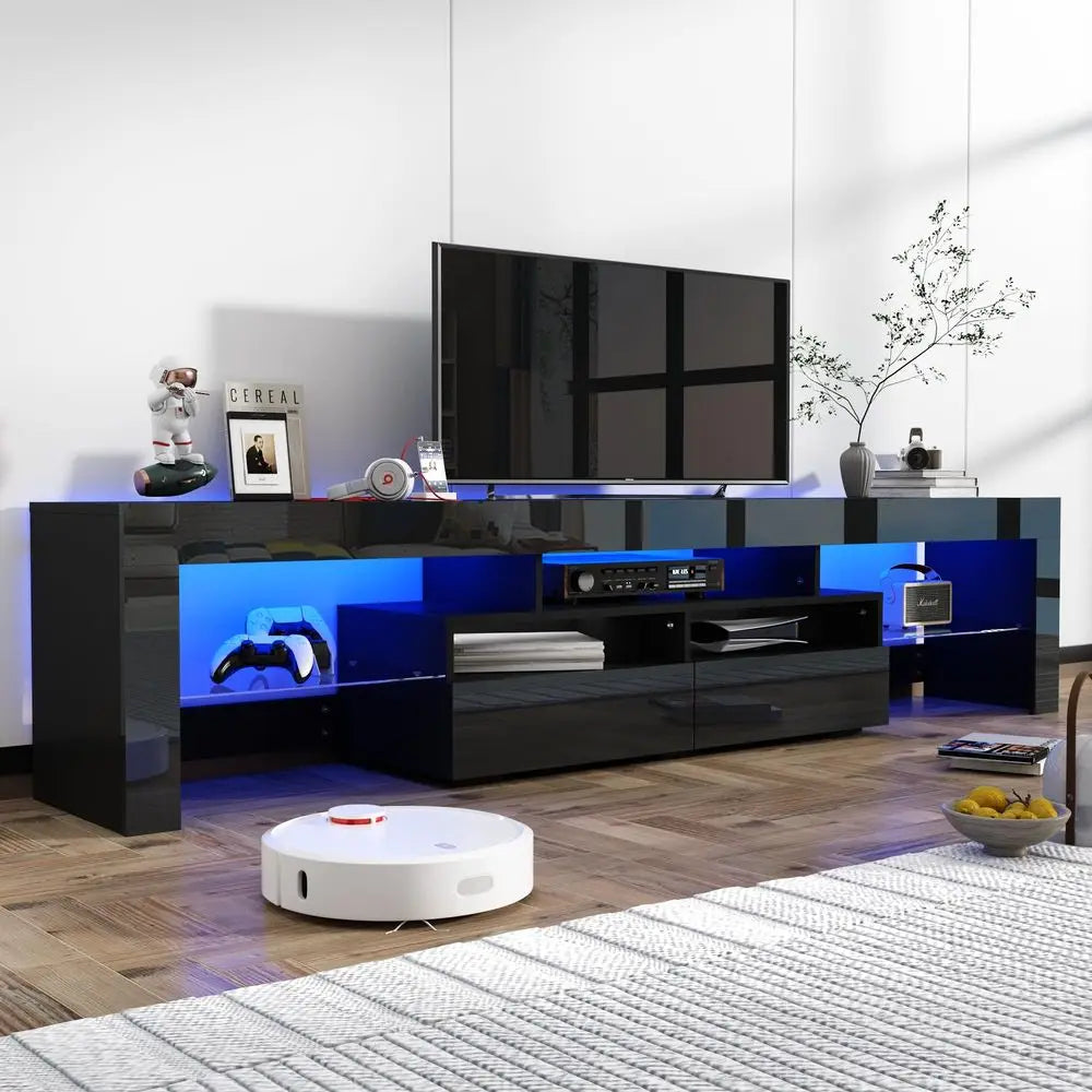 86IN LED TV Stand for 90 100 inch TV, High Glossy Modern Entertainment Center with Drawer and Led Lights, Television Table Medi