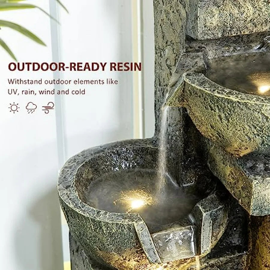 Outdoor Fountain with 4-Tier Stacked Stone Look Bowls Cascading Waterfall Adjustable Flow LED Lights Rustic Decor for Patio Zen
