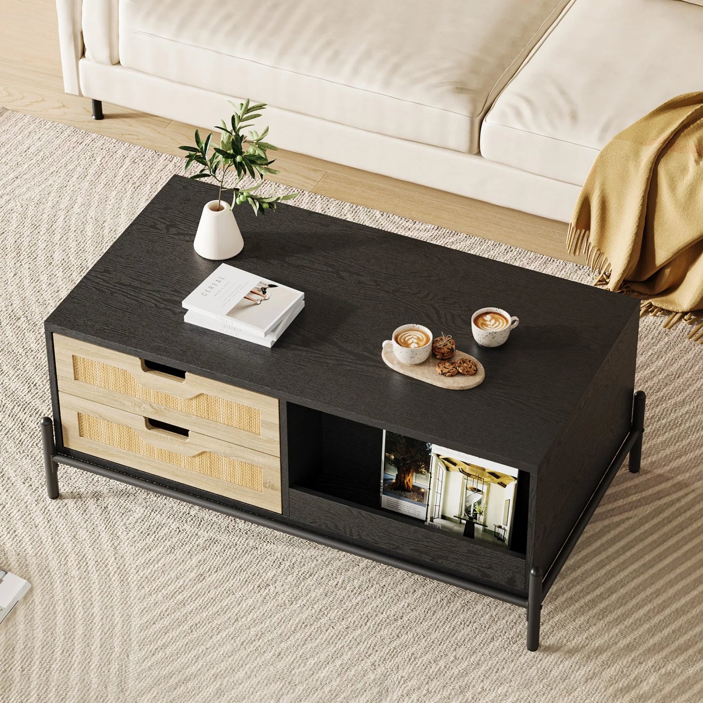 Farmhouse Living Room Table with 4 Drawers and Open Storage Shelf, Rattan Modern Wooden Coffee Table for Living Room, Office