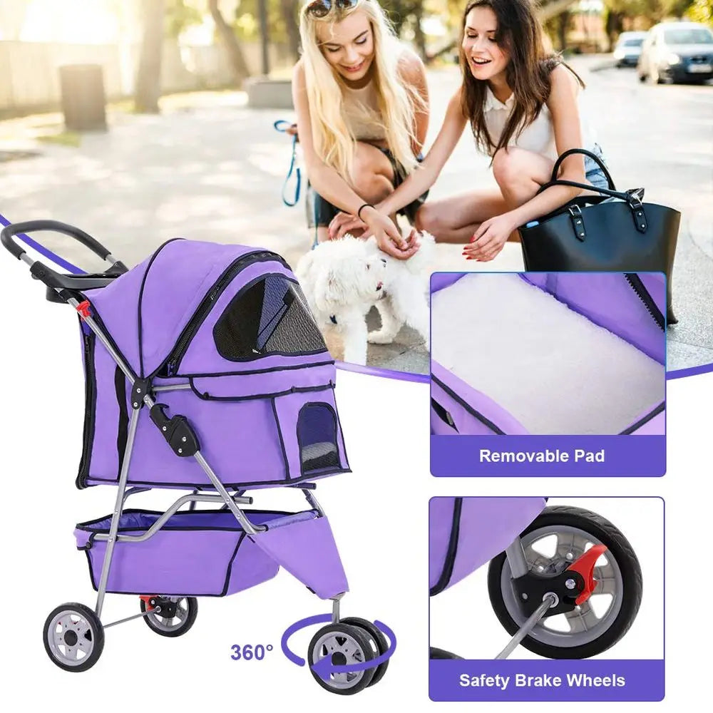 3 Wheels Pet Stroller Dog Cat Cage Jogger Stroller for Medium Small Dogs Cats Folding Travel Carrier with Cup Holder, Waterproo