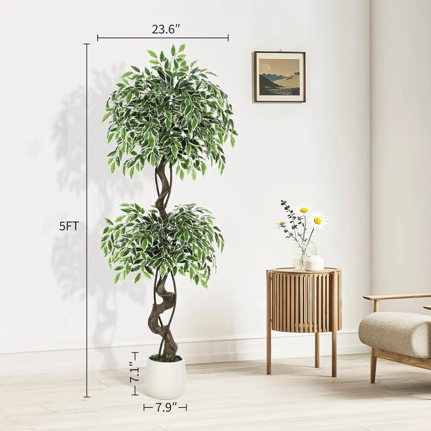 Artificial Ficus Tree Indoor Outdoor Fake Ficus Tree with Pebbles & Green Fake Moss, Pot Faux Tree for Office Home Decor