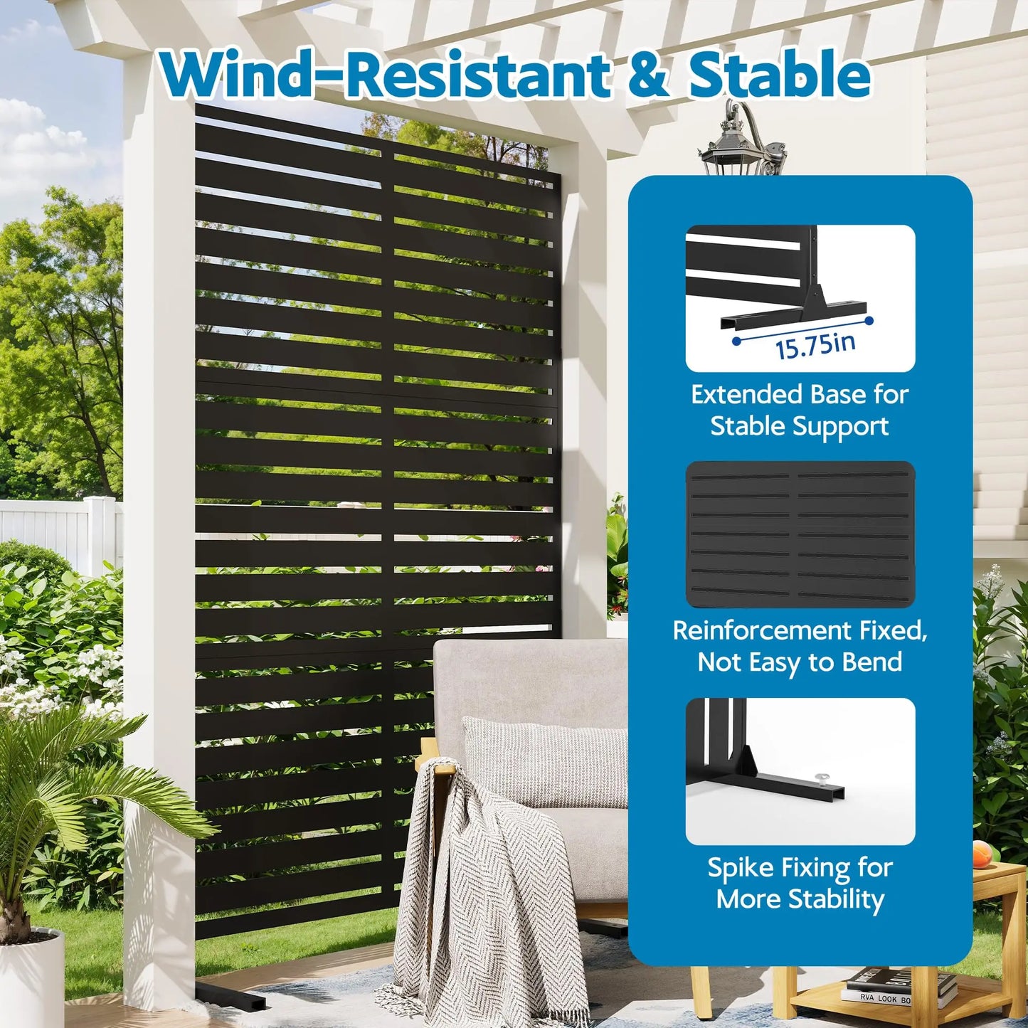 6FT Outdoor Metal Privacy Fence Freestanding Screen Panel With Stand, Decorative Room Divider For Patio Yard Balcony