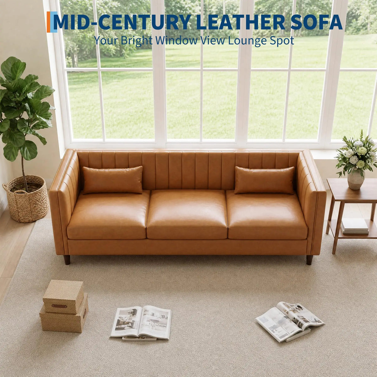 81 Inch Cognac Tan Faux Leather Sofa, Mid Century Modern 3 Seat Couch With Deep Seat, Wood Frame For Living Room, Apartment