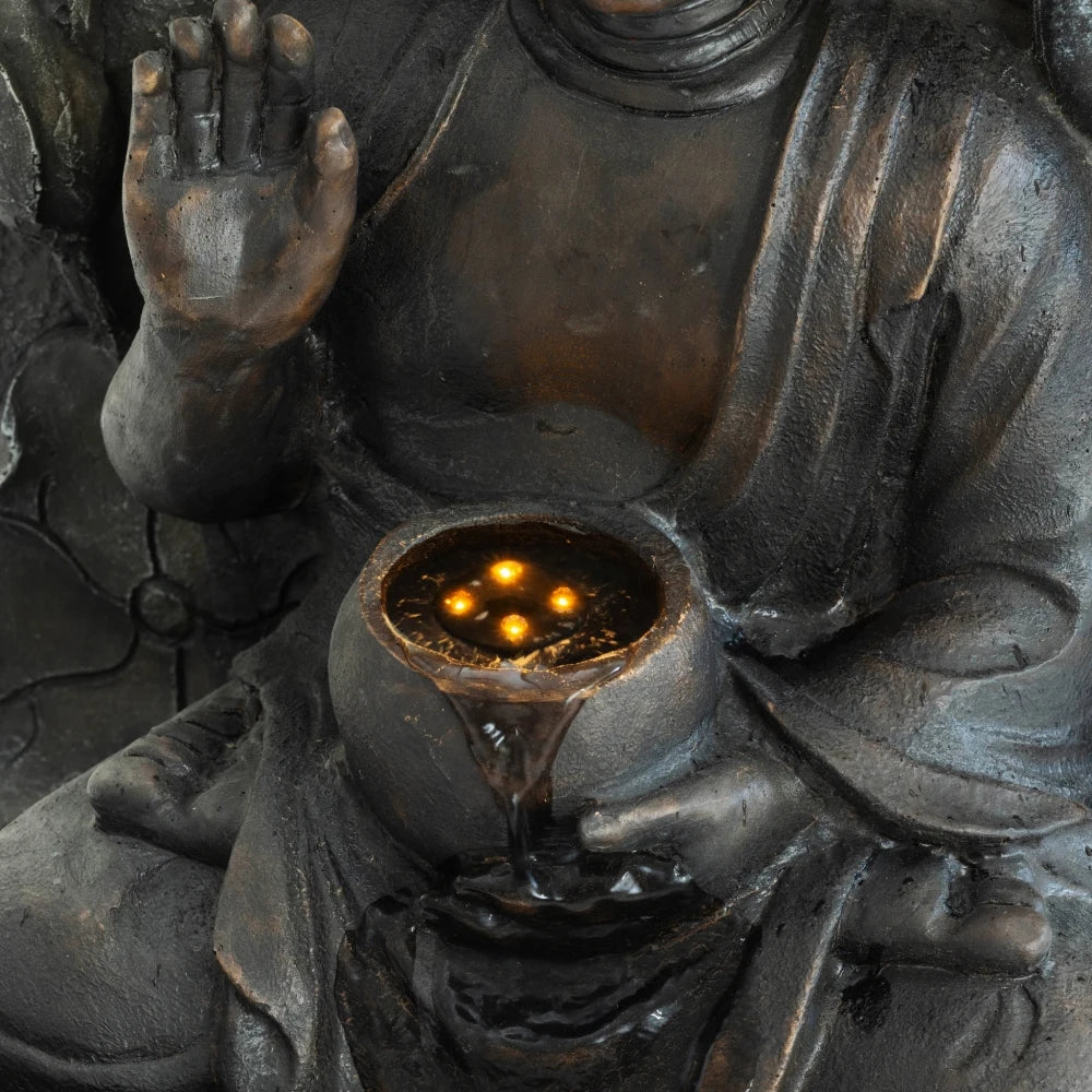 Freestanding 28 Inch Buddha LED Waterfall Fountain, Calming Relaxing Zen Feng Shui Water Feature Ornament, Waterproof Outdoor Decor for Patio Backyard Deck Home Ideal Present