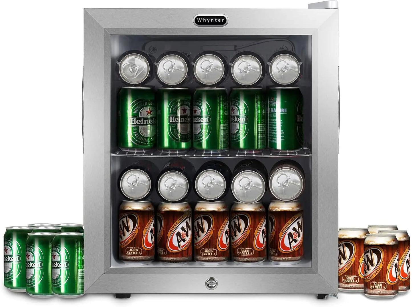 Double-Layer Glass Door Beverage Refrigerator, 68-Can 1.6 Cu Ft Freestanding Drink Mini Fridge, Stainless Steel