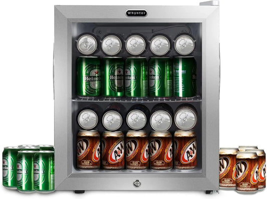 Double-Layer Glass Door Beverage Refrigerator, 68-Can 1.6 Cu Ft Freestanding Drink Mini Fridge, Stainless Steel