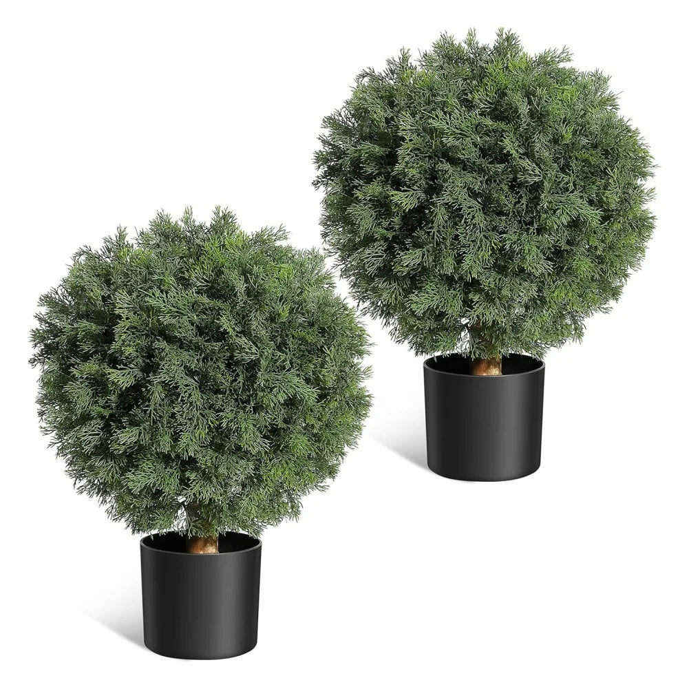 2 Pcs 24'' Artificial Cedar Topiary Ball Trees with Potted Fake Cedar Plants Artificial Shrubs Bushes Ball Tree for Front Door