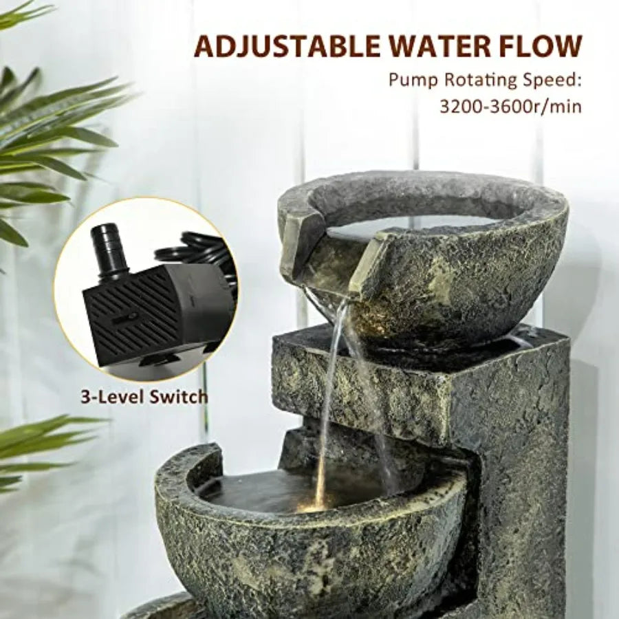 Outdoor Fountain with 4-Tier Stacked Stone Look Bowls Cascading Waterfall Adjustable Flow LED Lights Rustic Decor for Patio Zen