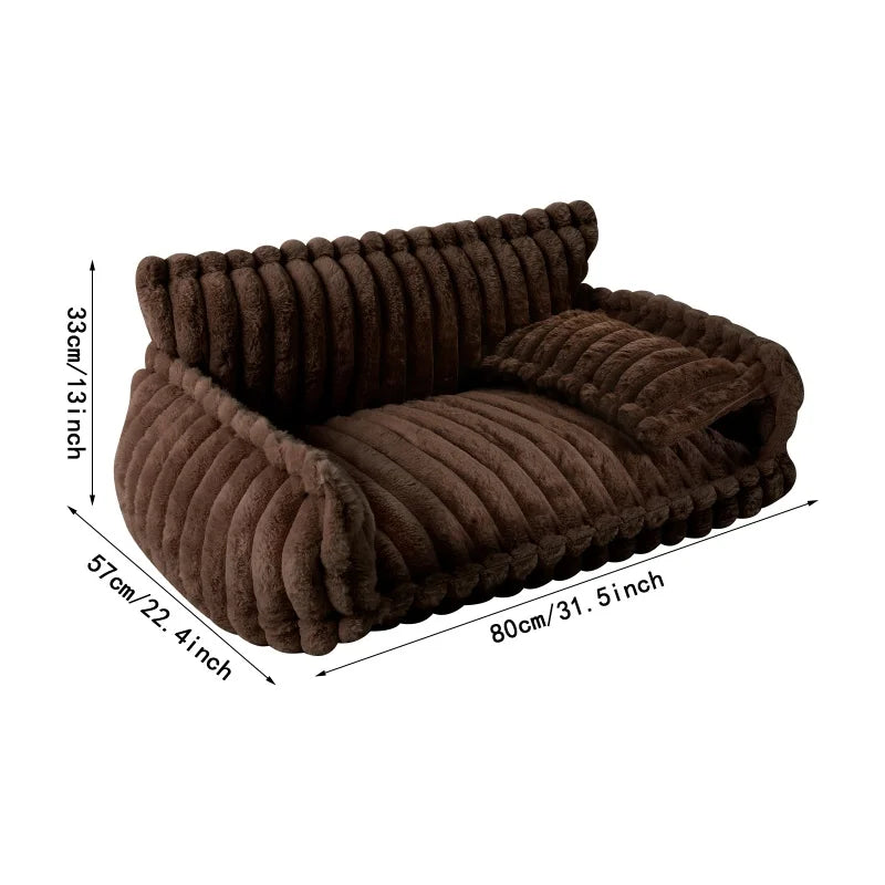 Soft Rabbit Plush Pet Sofa Bed Anti Slip Bottom Zipper Removable Cover Comfortable Pet Sleeping Couch With Pillow Fashion Striped Design Indoor Bedroom Living Room Pet Rest Furniture