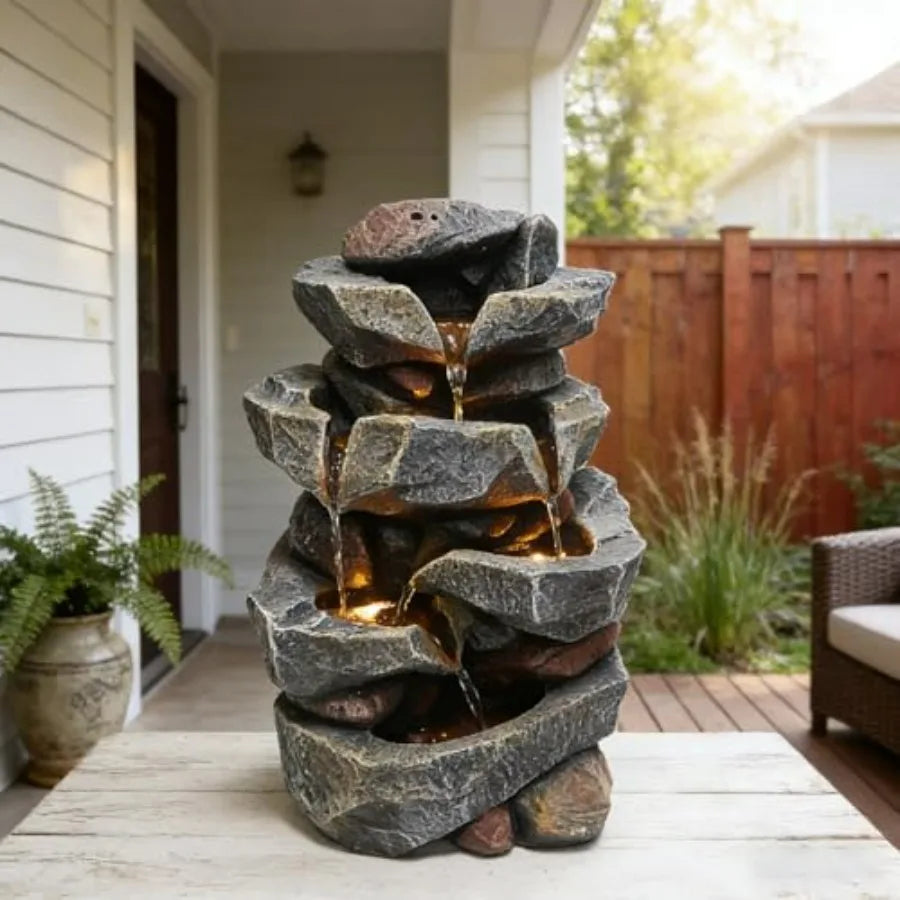4-Tier Natural Rock Tabletop Waterfall Fountain - Indoor Outdoor Resin Water Fountain with LED Lights 11.42 L x 8.27 W x 18.31