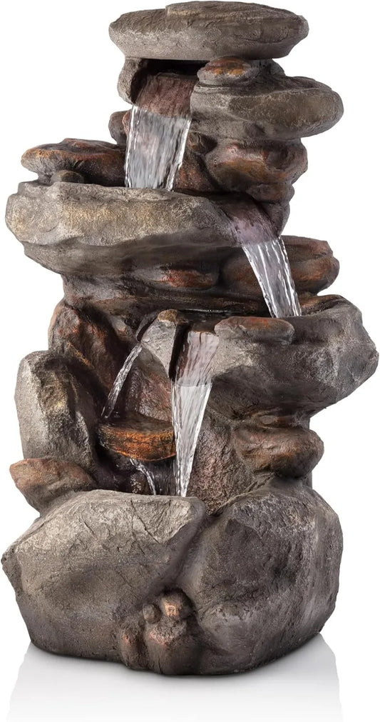 WIN316 40" Floor Fountain – 4-Tiered Rock Water Feature with Cascading Streams & White LED Lights – Tranquil