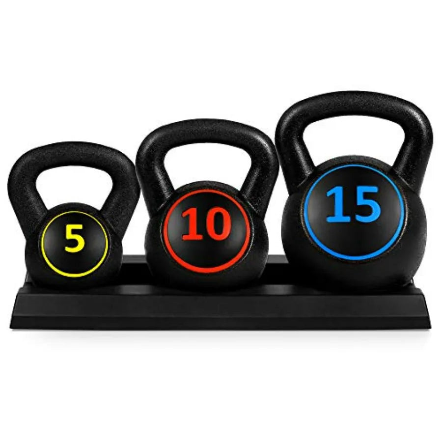 3-Piece Kettlebell Set with Storage Rack, HDPE Coated Exercise Fitness Concrete Weights for Home Gym, Strength Training, HIIT Wo