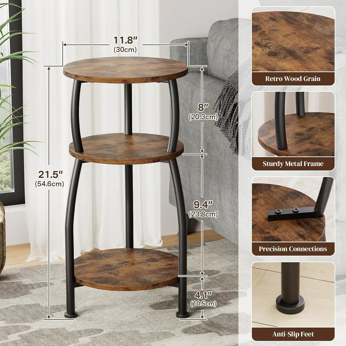 Small Round Side Table, 3-Tier End Table with Storage Shelf, Slim Coffee Table for Small Spaces, Industrial Sofa Table Used for