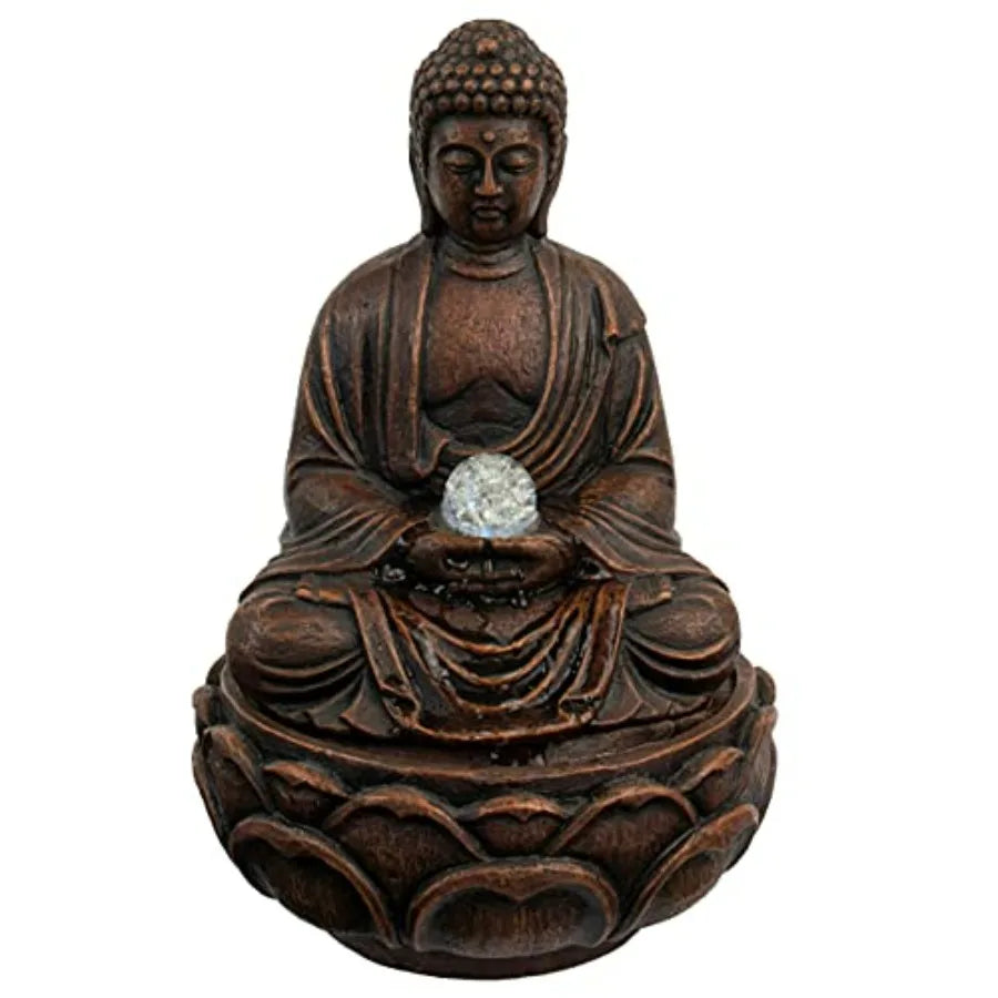 Indoor Tabletop Water Fountain - Sitting Buddha Statue with Rolling Glass Ball Multi-Colored LED Lights Electric Pump Soothing