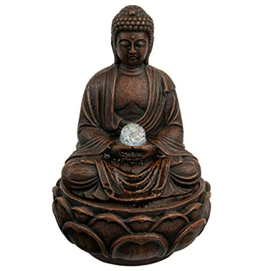 Indoor Tabletop Water Fountain - Sitting Buddha Statue with Rolling Glass Ball Multi-Colored LED Lights Electric Pump Soothing