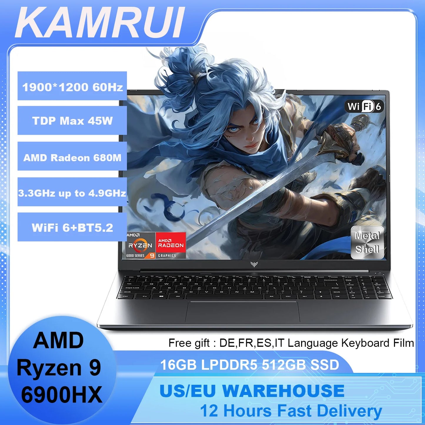 KAMRUI Gaming Laptop 16inch AMD Ryzen9 6900HX 16GB LPDDR5 512GB M.2 NVMe PCIe3.0 SSD Radeon 680M Win11PRO WiFi6 Backlit Keyboard