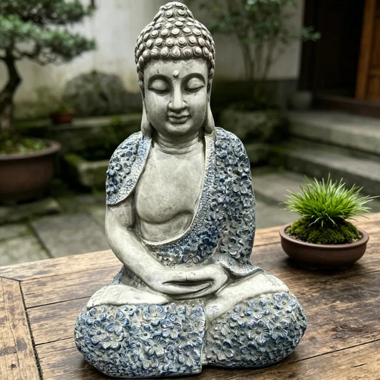 16 Inch Weatherproof Resin Meditating Buddha Statue with Blue Floral Details, Calm Zen Style Figurine, Decorative Ornament for Patio Lawn Yard Outdoor Landscape & Indoor Space