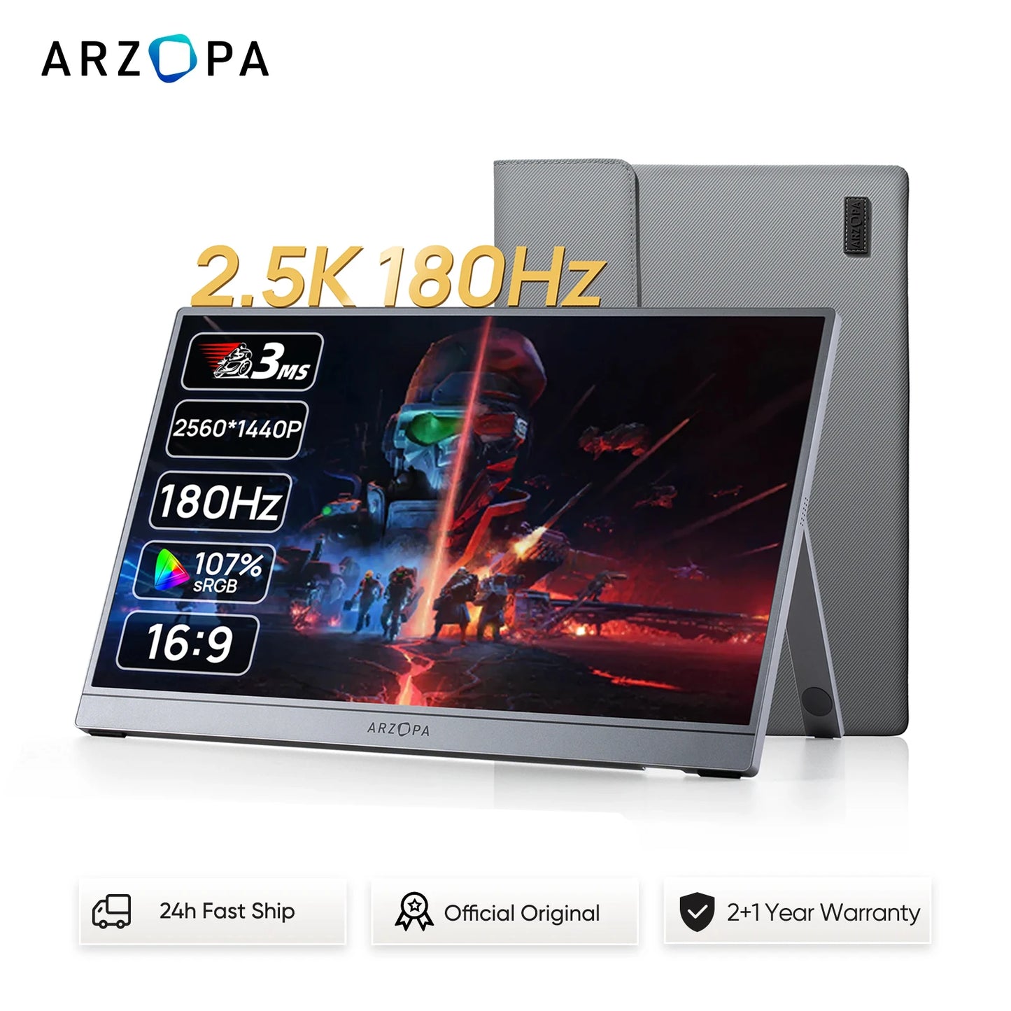 ARZOPA 16.1in 180HZ 2.5K Portable Monitor 107% sRGB HDR IPS External Second Screen for Laptop/PC/PS5/Mac/Xbox Z3FC Gray with Bag