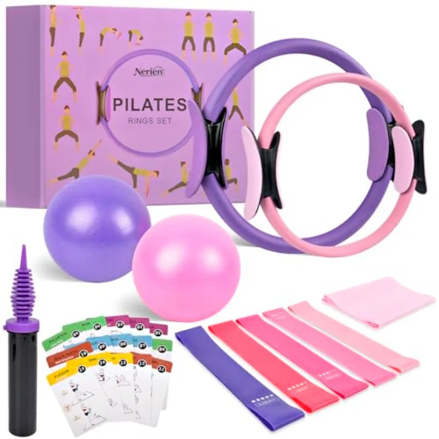 Pilates Ring Ball Equipment Kit - 27Pcs, 12" and 14" Magic Circle Workout Rings, 9.8" Exercise Balls, Workout Cards, Resistance
