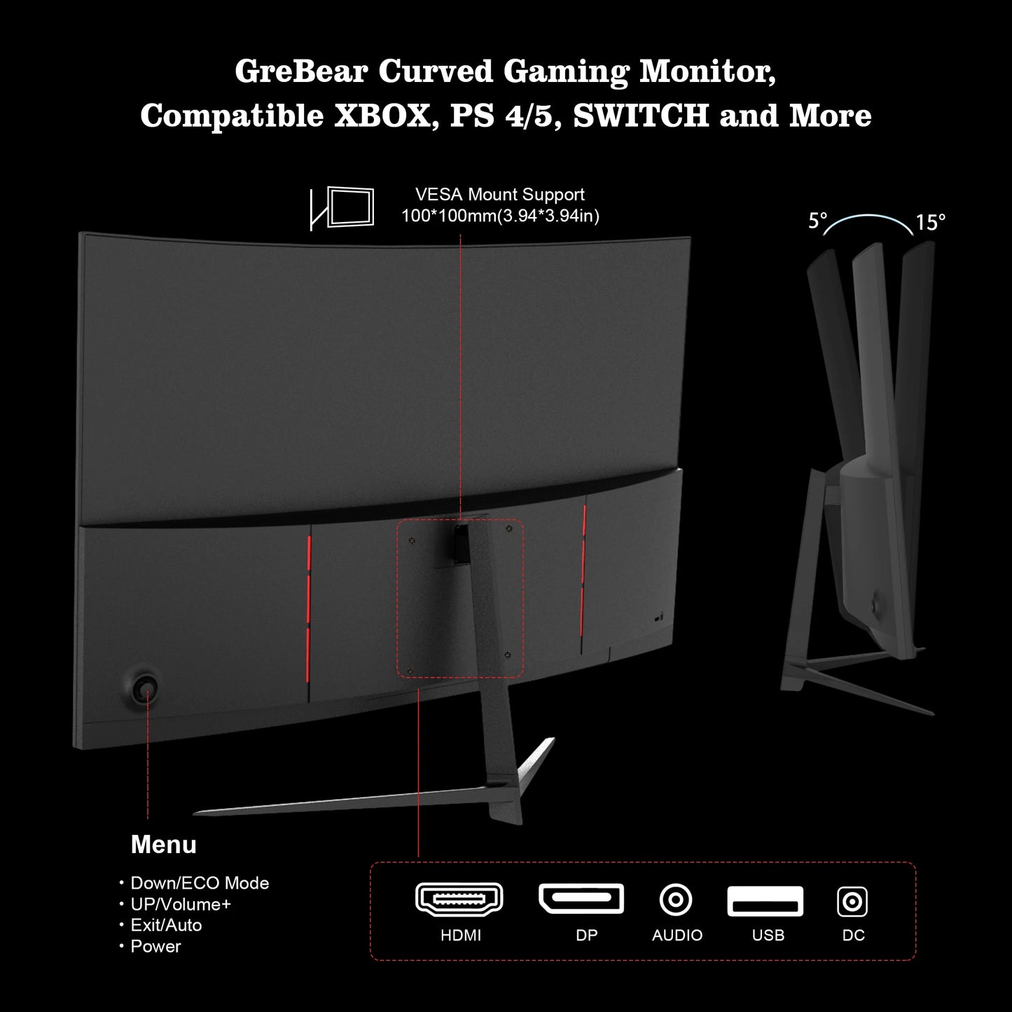 Grebear 27 inch curved monitor 165hz,PC Home Office Computer Gaming Monitor FHD1080p,99% SRGB,Built-in Speakers