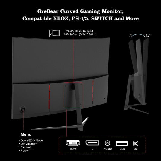 Grebear 27 inch curved monitor 165hz,PC Home Office Computer Gaming Monitor FHD1080p,99% SRGB,Built-in Speakers