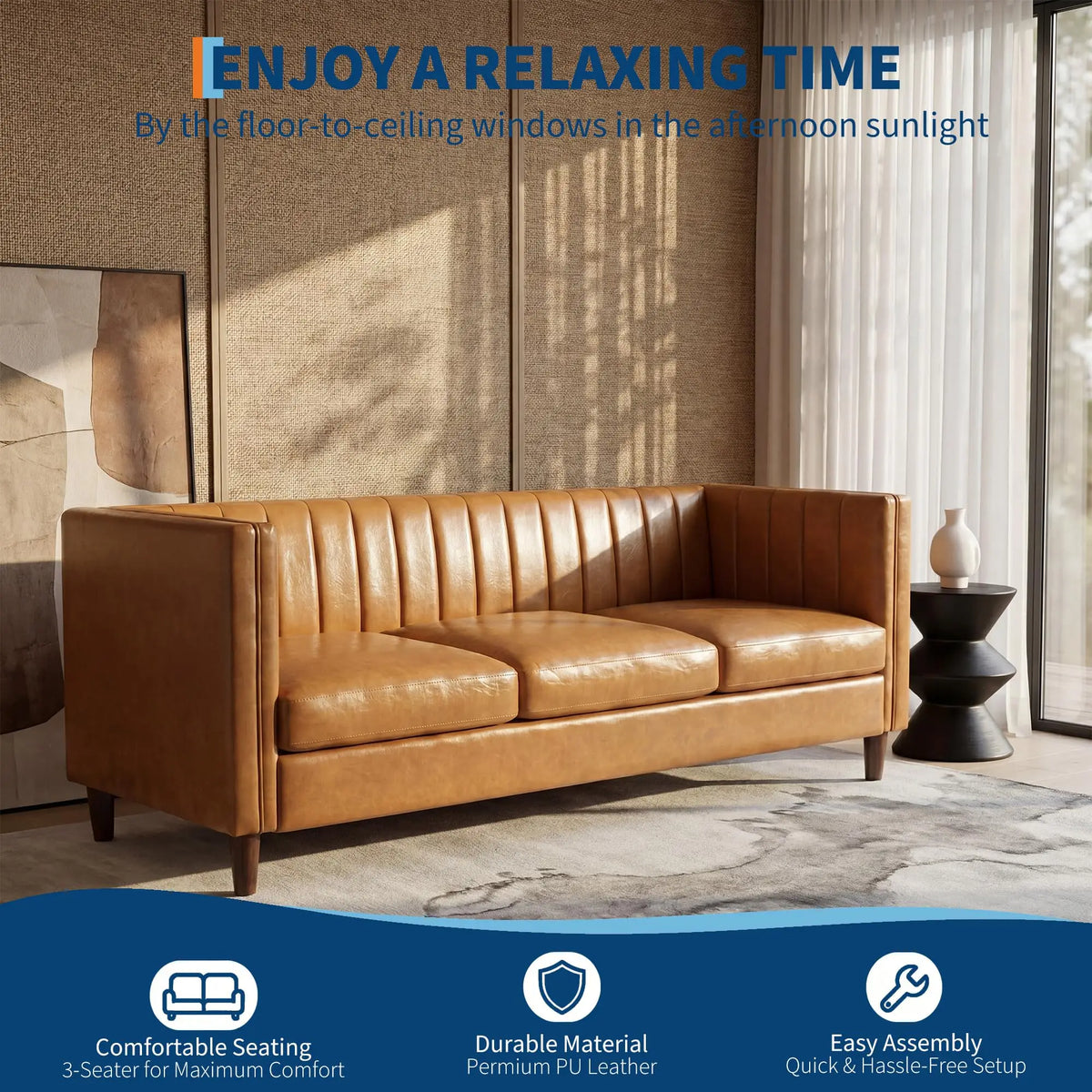 81 Inch Cognac Tan Faux Leather Sofa, Mid Century Modern 3 Seat Couch With Deep Seat, Wood Frame For Living Room, Apartment