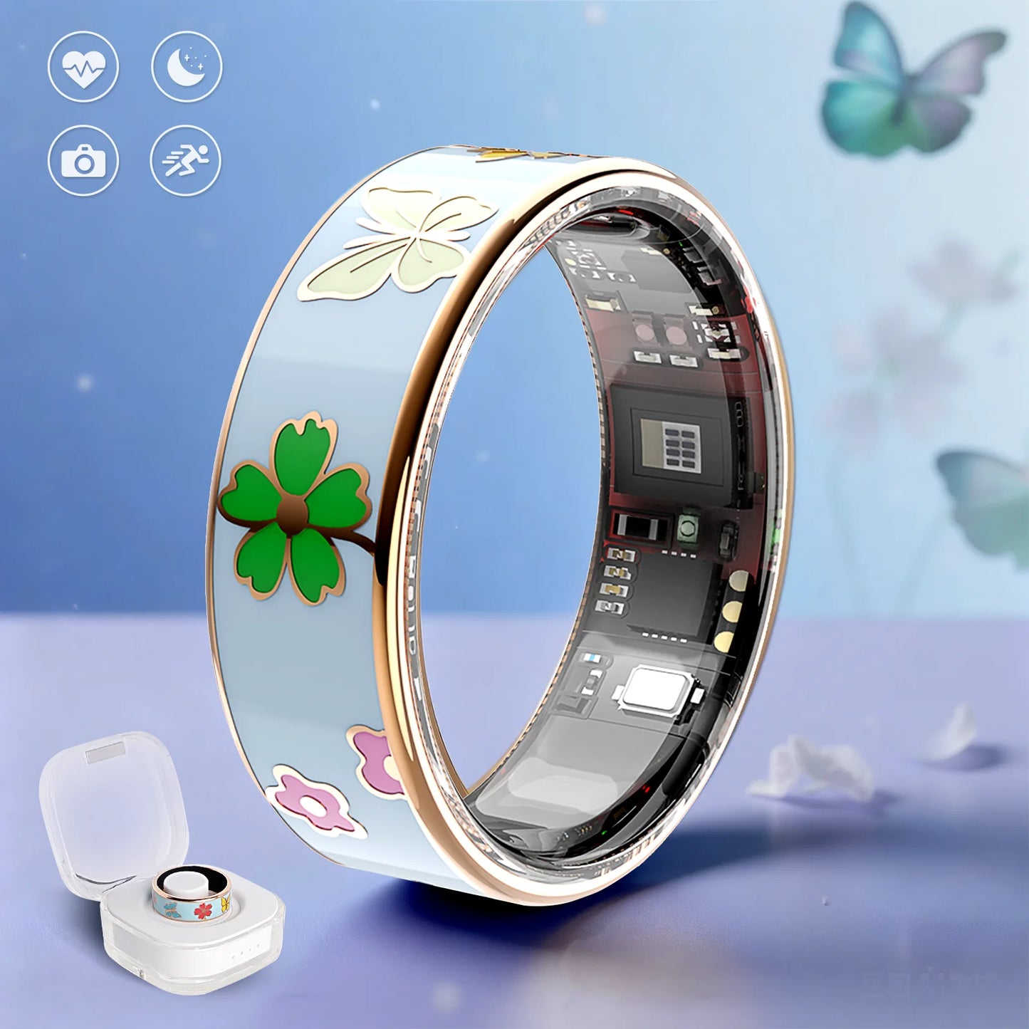 Smart ring Blue Dragonfly Lotus Style Activity tracking, calorie counting, stepcounting,distance tracking (km), 24/7 sleep tracking, heart rate monitoring, bodytemperaturemonitoring, blood oxygen monitoring, stress tracking,