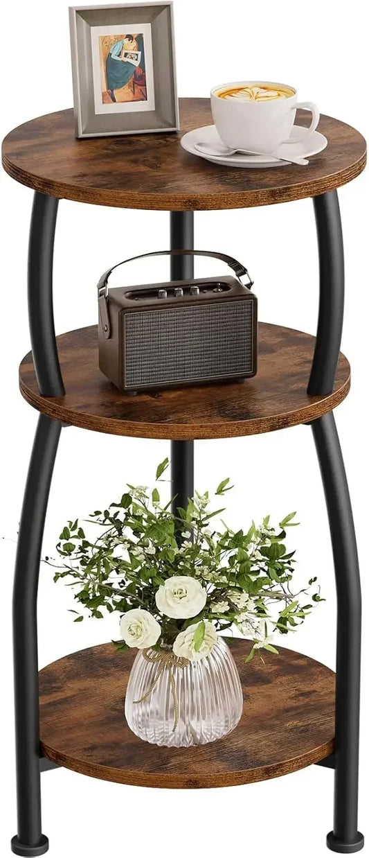 Small Round Side Table, 3-Tier End Table with Storage Shelf, Slim Coffee Table for Small Spaces, Industrial Sofa Table Used for