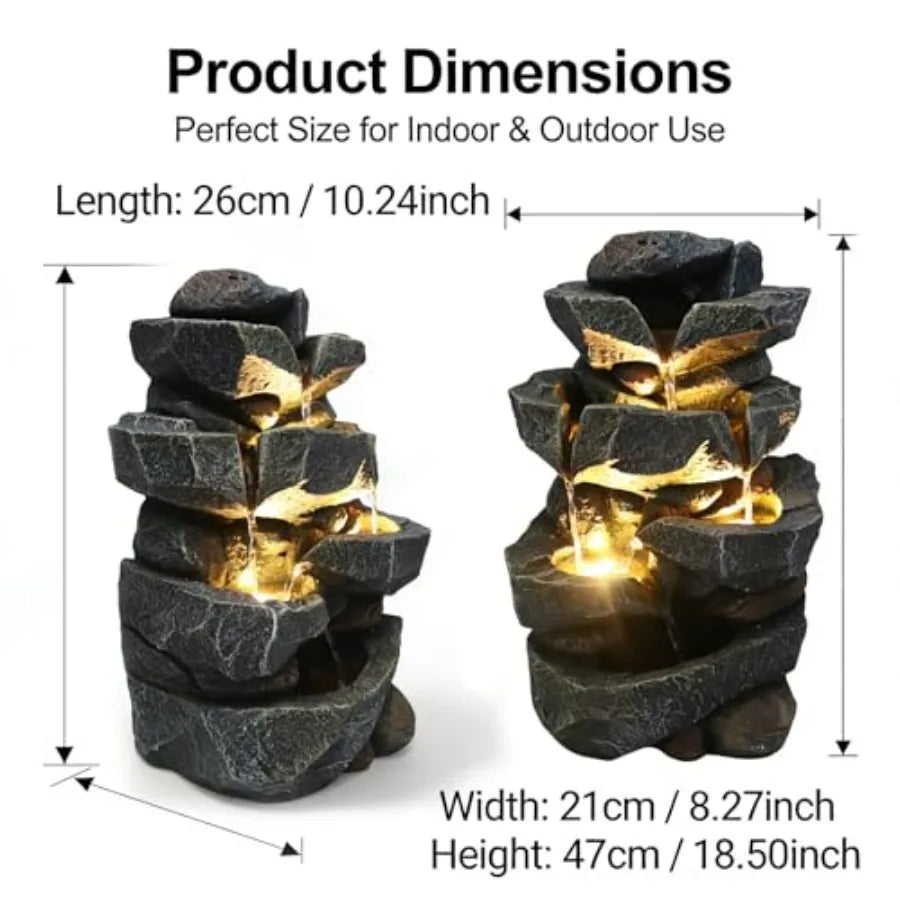 4-Tier Natural Rock Tabletop Waterfall Fountain - Indoor Outdoor Resin Water Fountain with LED Lights 11.42 L x 8.27 W x 18.31