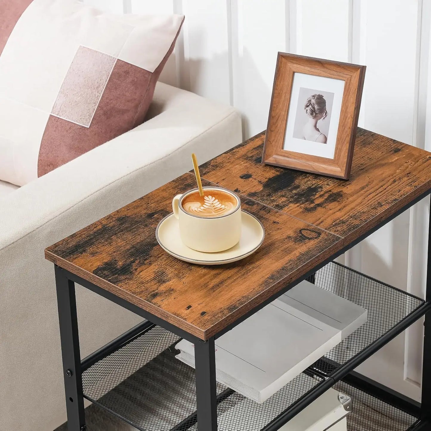 3-Tier Narrow Side Table with Adjustable Shelves for Small Spaces, Rustic Brown and Black