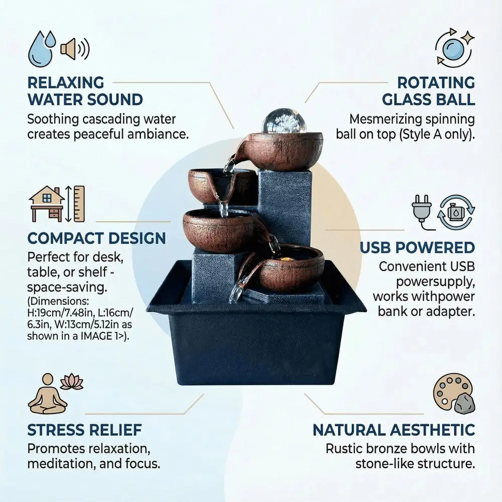 Tabletop Zen Water Fountain 4Tier Bowl Cascading Waterfall Decor, Indoor Relaxing Sound Water Feature For Home Office Desk, Rus