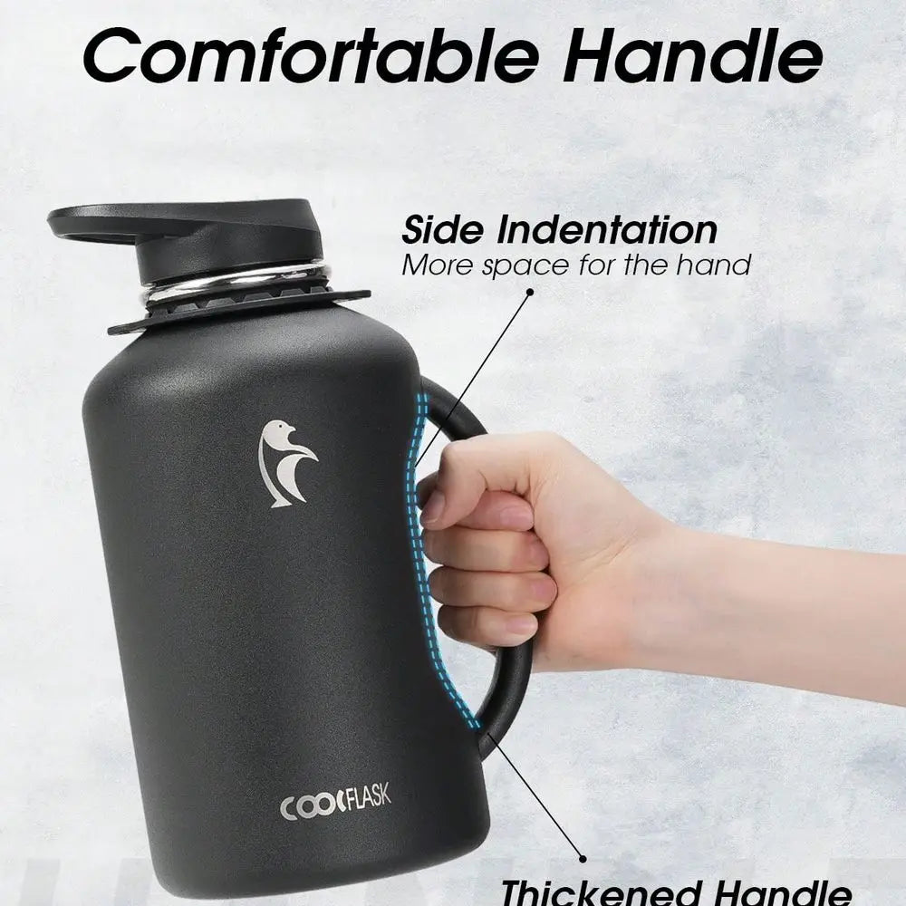 64oz Insulated Water Bottle With Handle & Strap, Stainless Steel Half Gallon Water Drinkware With 2 Lids & Straws, Lea