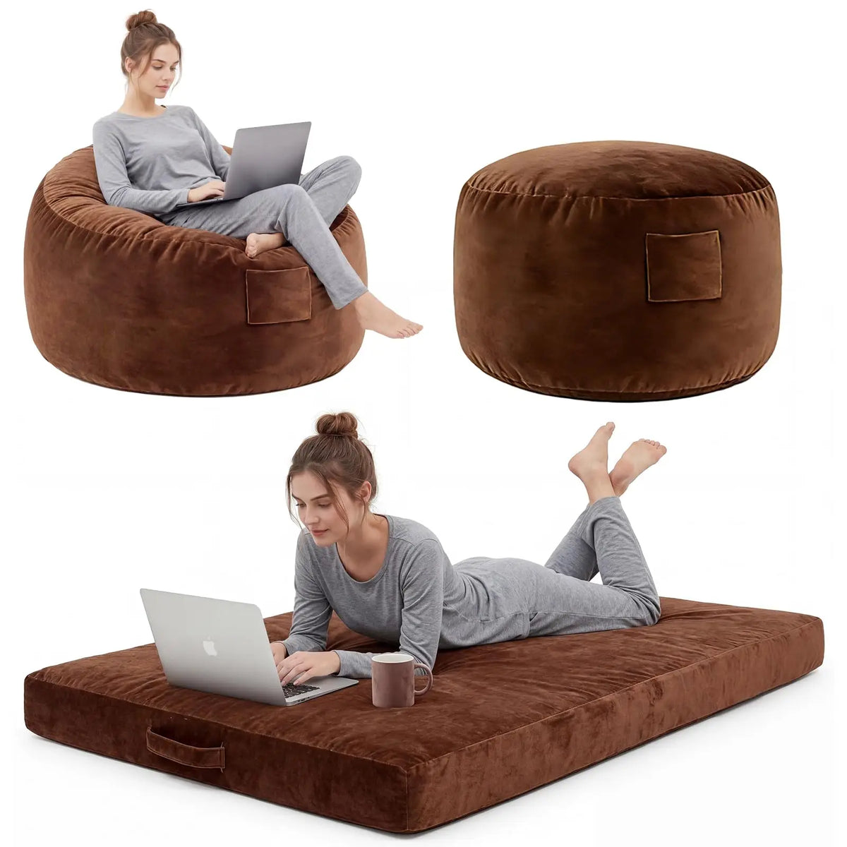Large Adult Bean Bag Chair, 4 In 1 Convertible Bean Bag Bed, Memory Foam Floor Sofa, Flannel Cover With Inner Liner For Home