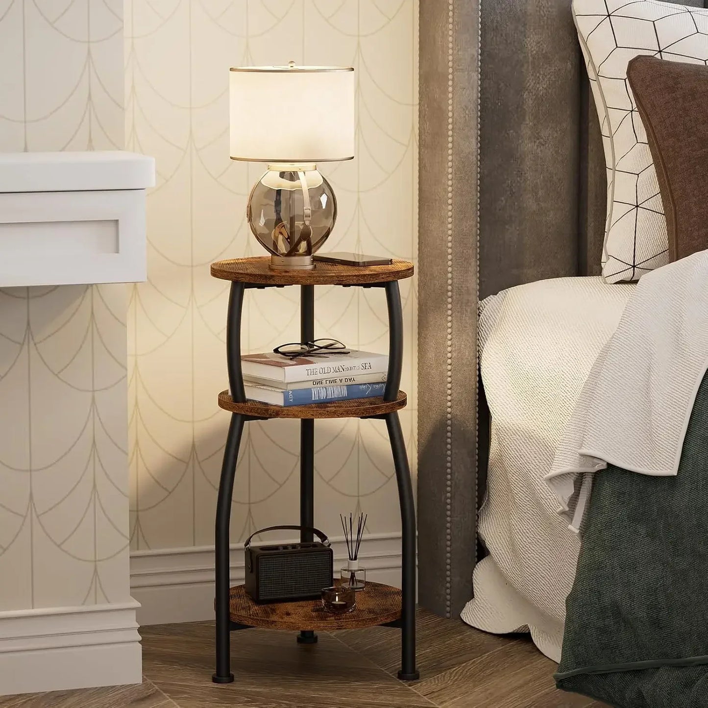 Small Round Side Table, 3-Tier End Table with Storage Shelf, Slim Coffee Table for Small Spaces, Industrial Sofa Table Used for
