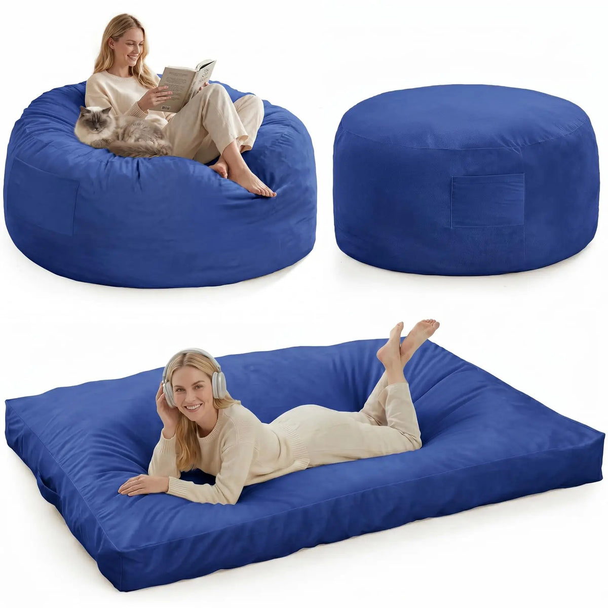 Large Adult Bean Bag Chair, 4 In 1 Convertible Bean Bag Bed, Memory Foam Floor Sofa, Flannel Cover With Inner Liner For Home