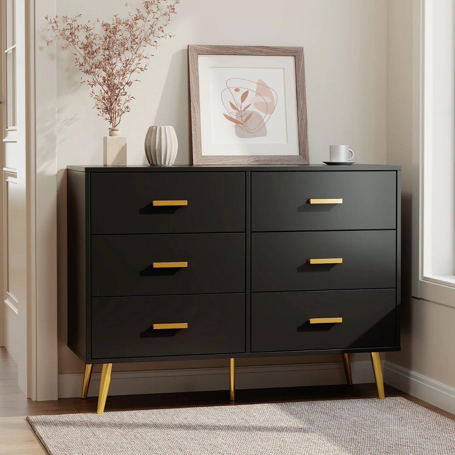 6-Drawer Chest of Drawers, Modern 6 Drawer Storage Cabinet with  Sturdy Metal Legs, Bedroom Drawer Organiser for Living Room