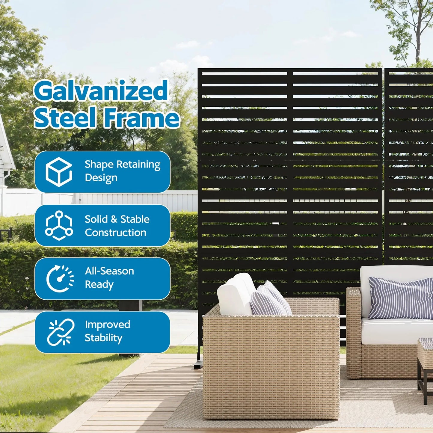 6FT Outdoor Metal Privacy Fence Freestanding Screen Panel With Stand, Decorative Room Divider For Patio Yard Balcony