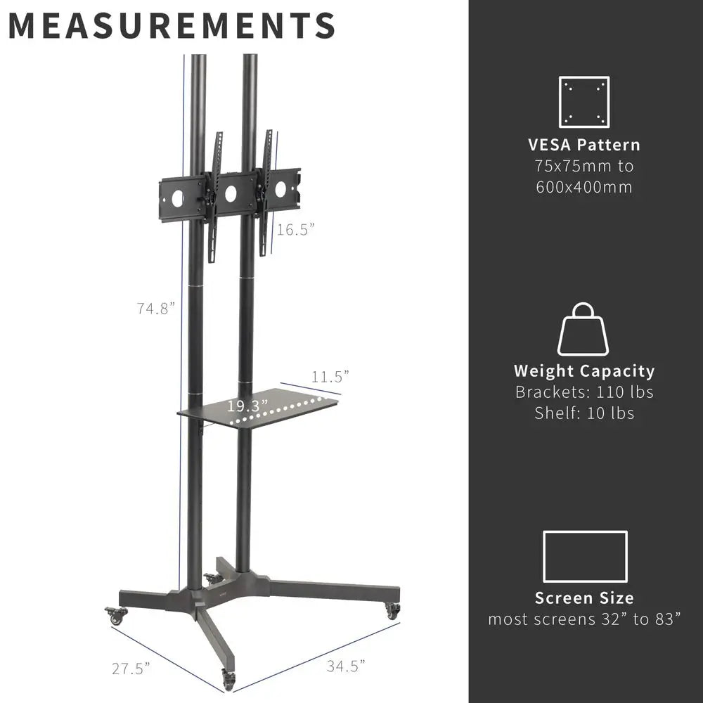 Tall TV Cart for 32 to 83 inch Screens up to 110 lbs, LCD LED OLED 4K Smart Flat and Curved Panels, Rolling Stand with Laptop D
