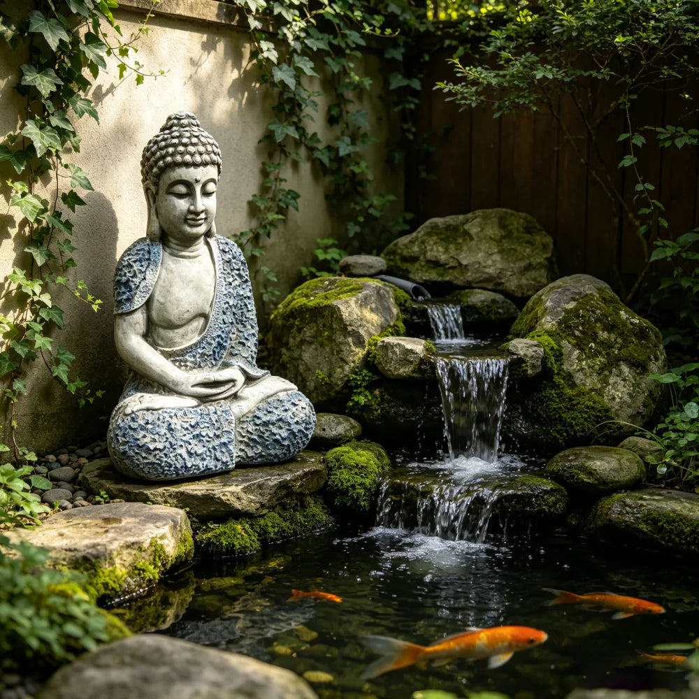 16 Inch Weatherproof Resin Meditating Buddha Statue with Blue Floral Details, Calm Zen Style Figurine, Decorative Ornament for Patio Lawn Yard Outdoor Landscape & Indoor Space