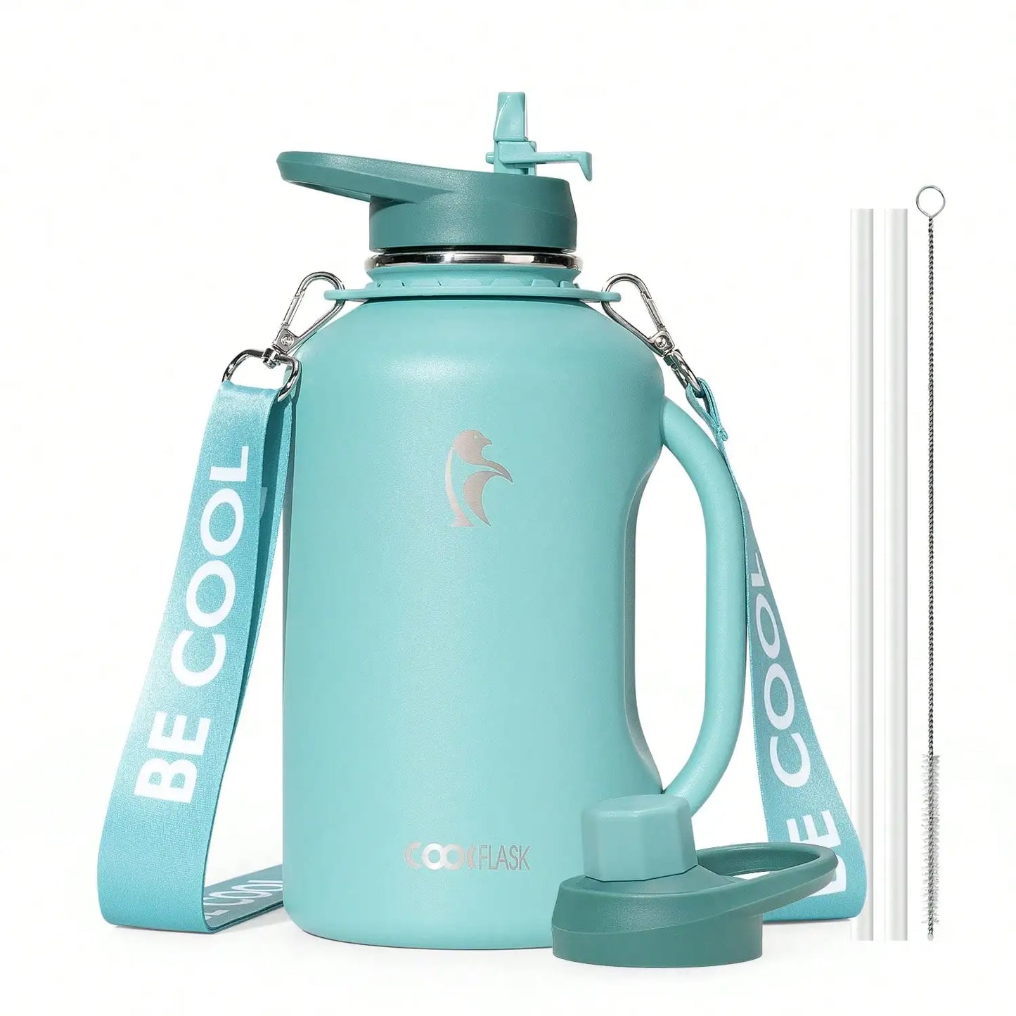 64oz Insulated Water Bottle With Handle & Strap, Stainless Steel Half Gallon Water Drinkware With 2 Lids & Straws, Lea