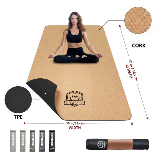 HAPBEAR Large Cork Yoga Mat - 72"x36" Wide Non-Slip for Home Workout, Yoga, Pilates & Stretching - 6mm Cushioned Support & Durable - Carry Bag Included